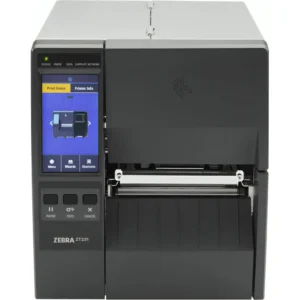 Imagem da impressora térmica industrial de etiquetas Zebra ZT231, com display touchscreen colorido e compartimento de impressão aberto. Esse modelo é indicado para operações de logística, varejo, manufatura e centros de distribuição que necessitam imprimir etiquetas de código de barras, identificação de produtos e rastreamento com alta qualidade e produtividade. A interface intuitiva facilita a configuração e o monitoramento do status de impressão.